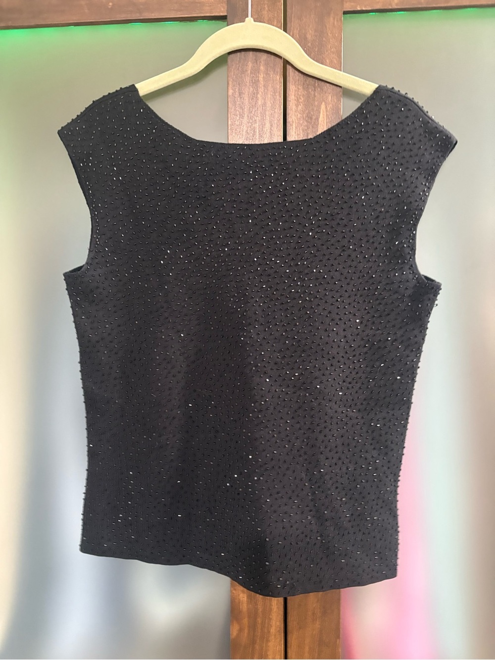 Ann Taylor Black Beaded Cap-Sleeve Shell